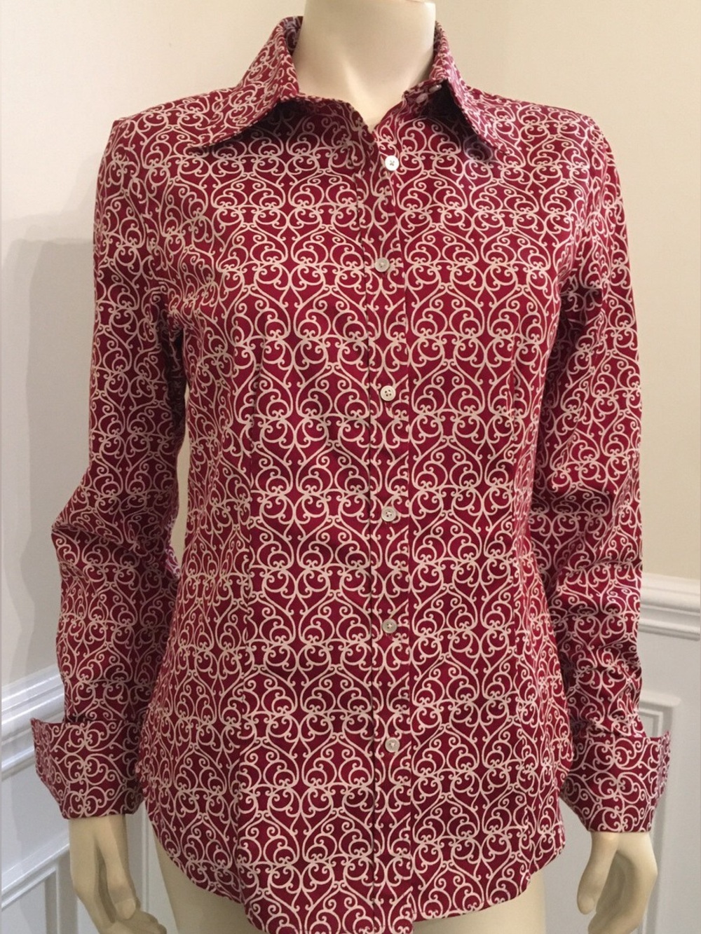 Talbot’s Red and White Baroque Scroll Print Button-Down Shirt